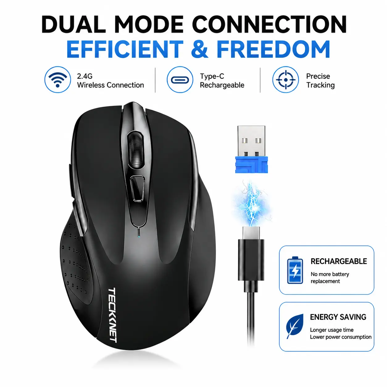 TECKNET M003 2.4G Ergonomic Contoured Form Optical Wireless Mouse - 6 Buttons, 5-Level 2600 DPI High-DPI Track, 24-Month Battery Life for Right-Handed Users' Laptops, PCs, Chromebooks