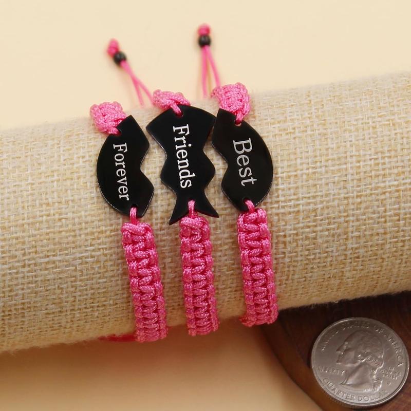 3pcs Personalized Friendship Bracelets Set | Stainless Steel Heart Puzzle Charm Handwoven Adjustable Drawstring Bracelets | Laser Engraved Best Friends Forever Jewelry Gift