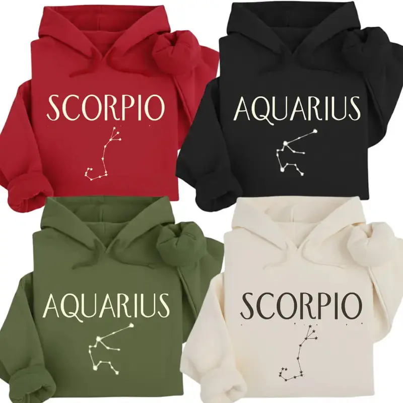 [Full 12 Zodiac] Minimalist Zodiac Hoodie – Star Sign Graphic Sweatshirt for Men and Women, Cozy Unisex Pullover, Perfect Gift for Zodiac & Horoscope Lovers