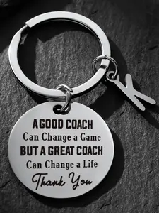 Coach Appreciation Keychain with Initial A, Engraved Quote, Round Stainless Steel Keyring, Thank You Gift, End of Season Retirement Present
