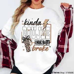 Fashionable Leopard Tee "Kinda Boujee Kinda Broke" – Ideal for Celebration & Everyday Work