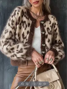 Women's Leopard Print Short Cardigan, Fashion Round Neck Long Sleeve, Button Front, Polyester Material, Daily Wear, New Year Essential