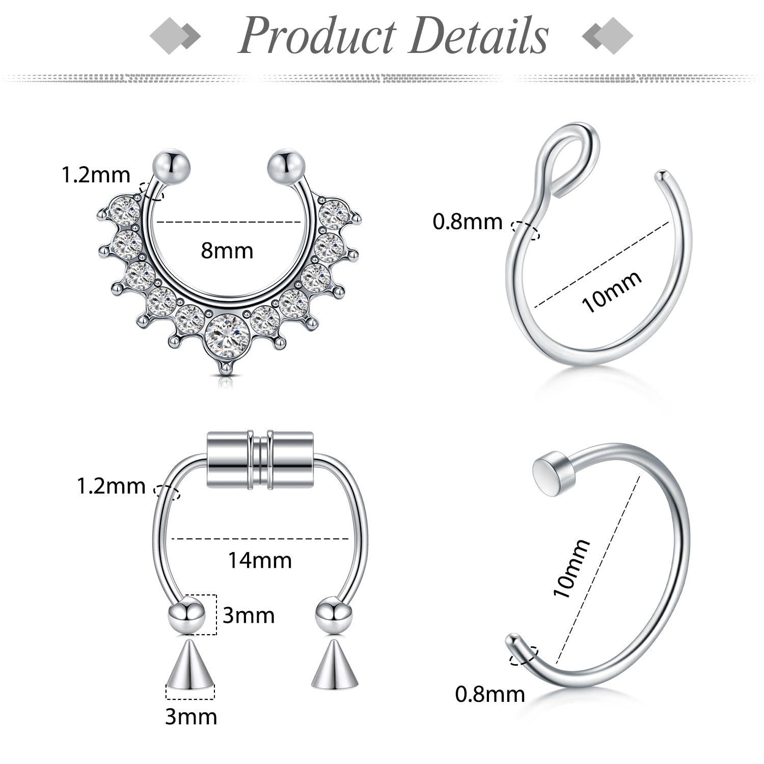 Fake Eyebrow Ring Fake Lip Labret Studs Replacement Balls Spike with 100pcs Sticker Non-Piercing Body Jewelry Fake Skin Piercing