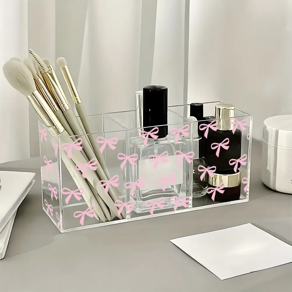 1pc Pink Bowknot Acrylic Plastic Desk & Vanity Organizer with 3-Compartment Storage Box - Cute Makeup Brush Holder, Compact Space-Saving Shelf Suitable for Bathroom, Office, Dresser - Easy Assembly, Durable Plastic, Perfume Organizer