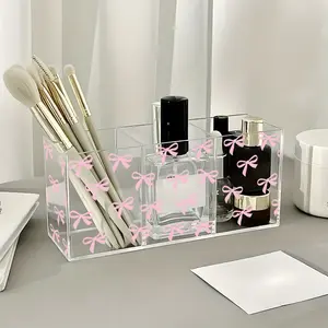 1pc Pink Bowknot Acrylic Plastic Desk & Vanity Organizer with 3-Compartment Storage Box - Cute Makeup Brush Holder, Compact Space-Saving Shelf Suitable for Bathroom, Office, Dresser - Easy Assembly, Durable Plastic, Perfume Organizer