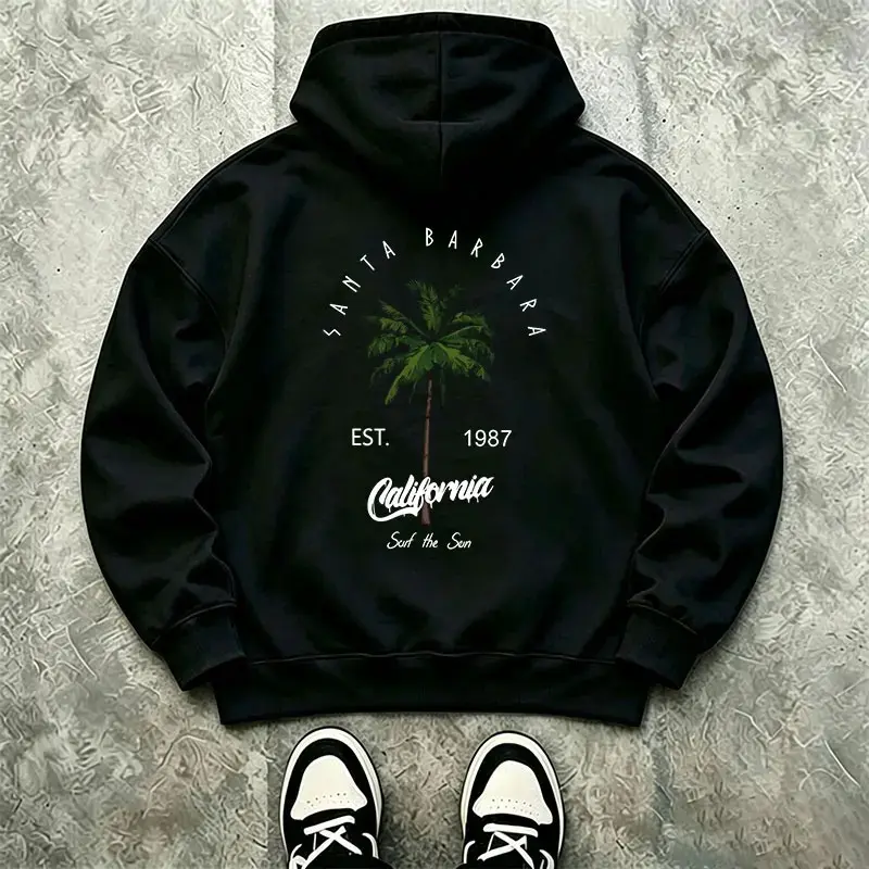 Oversized Graphic Hoodie Sweatshirt - EST.1987 California Santa Barbara Palm Tree Double-Sided Print, American West Coast Surfing-Inspired Sports Outerwear, Graphic Hoodies