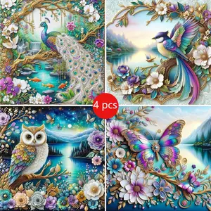 4pcs Animal Pattern Diamond Painting Kit, Adult Art Craft Set, Frameless Design DIY 5D Diamond Art, Full Drill Round Diamond Crafts Home Decor, DIY Kits