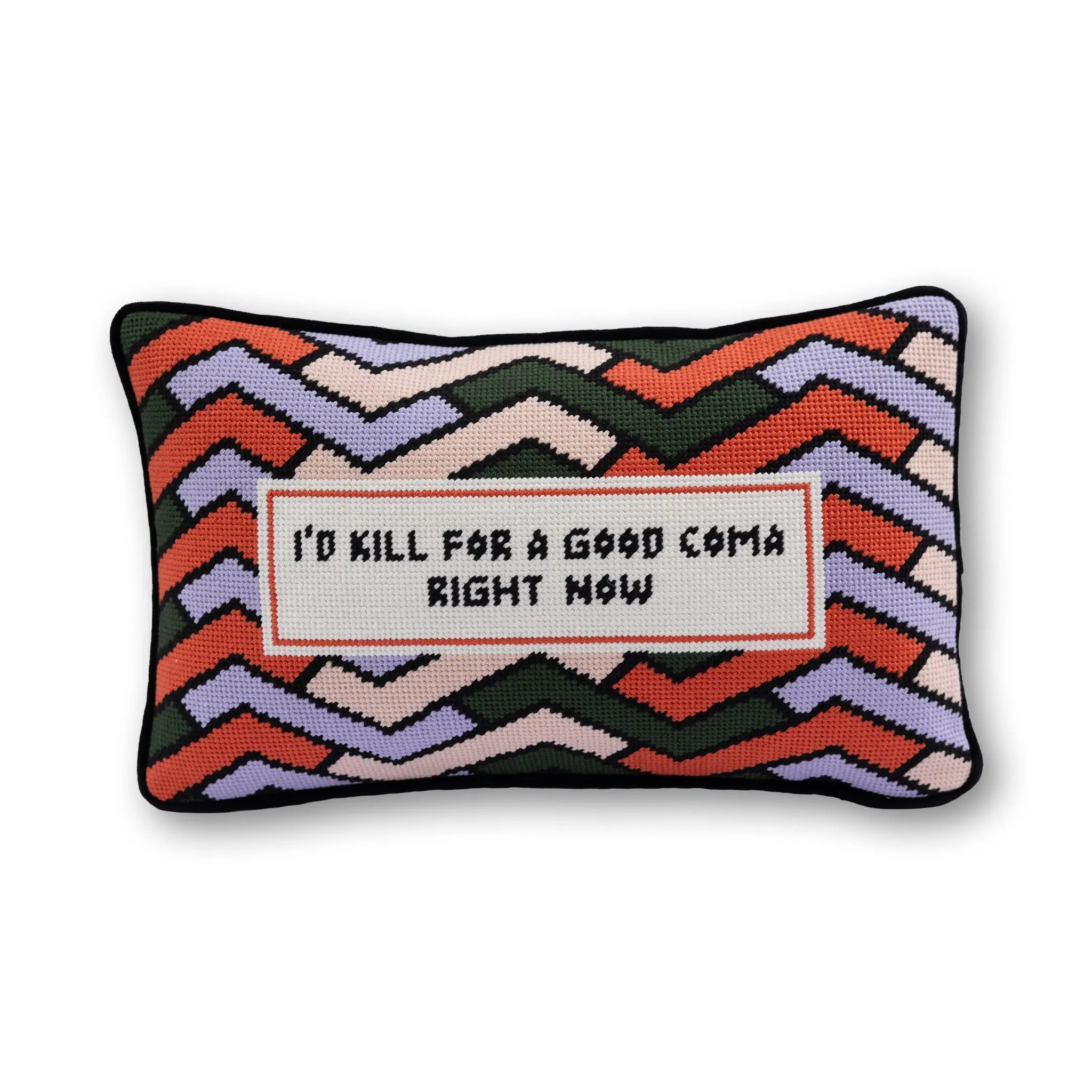 Standard 9" x 15" Velvet Fluff Needlepoint Pillow - Good Coma Design, Moira Rose Schitts Creek Comedy Themed, Bold Stitching, Recline-Friendly Millennial Home Decor, Decorative Pillows For Beds