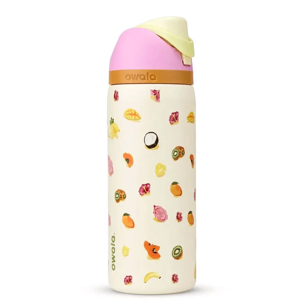 Owala 32oz FreeSip Insulated Stainless Steel Water Bottle with Straw, Tropical Fruit Print Leak-Proof Bottle for Women, Cute Summer Aesthetic Travel Bottle for School, Gym, Work & Cold Drinks 5J