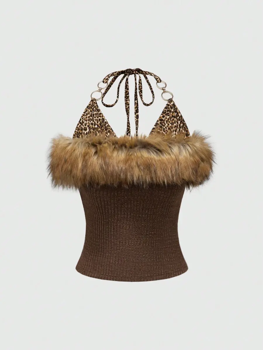 J-Fashion Y2K Gyaru Vintage Harajuku Girl Furry Patchwork Leopard Print Halter Top For Women