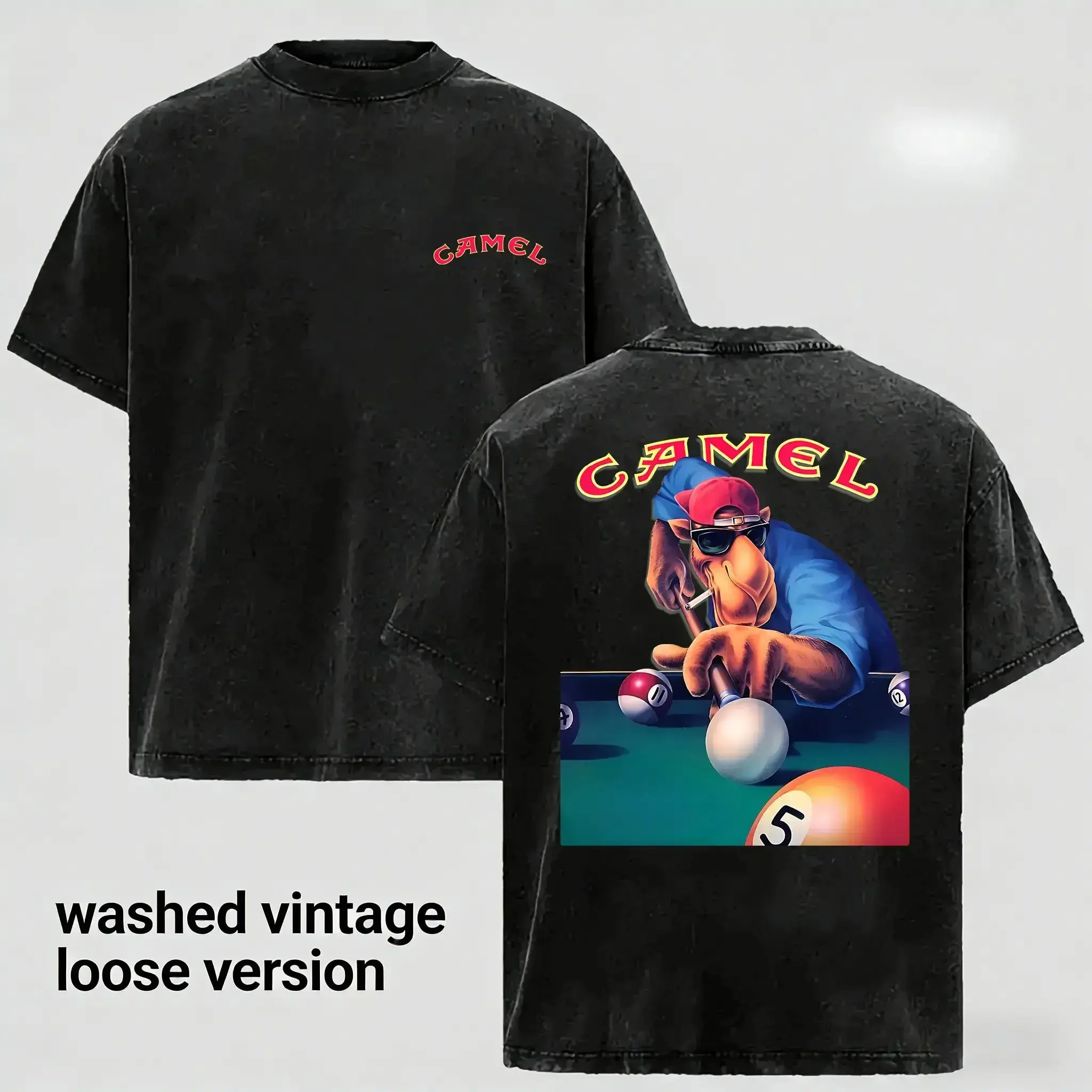 Camel Joe Pool Playing Graphic Tee Washed 100 Cotton T Shirt Retro Distressed Short Sleeve Casual Streetwear Billiards Shirt Summer Fashion Top Relaxed Fit Loose Version Crew Neck Unisex Tee for Retro Fans