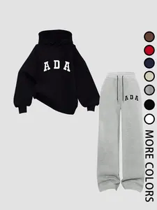 Women's Hoodie & Pants Tracksuit, Casual Streetwear, Fleece Fabric, Oversized Hoodie, Drawstring Waist, Wide-Leg Pants, Ada Letter Embroidery