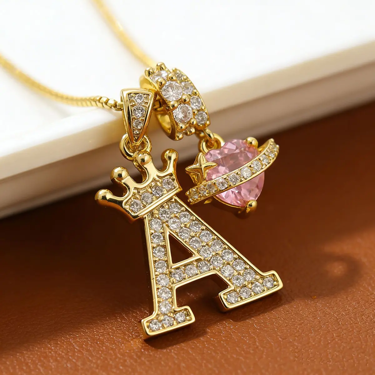 Heart-shaped Letters Necklace Crown Necklace for Women 14K Gold Plated Letters Pendant Necklace Jewelry Gifts