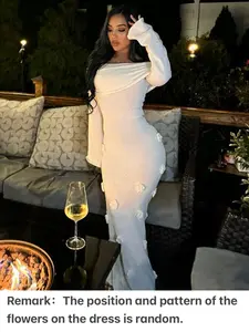 Women's Elegant Lady Slim-Fit Knitted Long Sleeve Dress, Floral Decoration One-Shoulder Design, All Season Wearable Casual Dress Womenswear