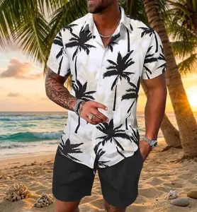 2026 Hot Men Gihuo Men's Tropical Print 2-Piece Set Short Sleeve Button Down Hawaiian Beach Shirt & Shorts Breathable Casual Summer Tracksuit Gift Clothes Menswear Elastic Loose Outfit Stylish Sunglasses Top