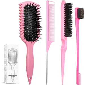 Curl Defining Brush & Slick Back Hair Brush Set for Curly Hair – 3PCS Edge Control Brush, Teasing Comb & Bristle Brush for Baby Hairs, Flyaways, Styling, Detangling & Smooth Hairstyles (Pink), baby hair brush, frizz control hair brush, curly hair tools