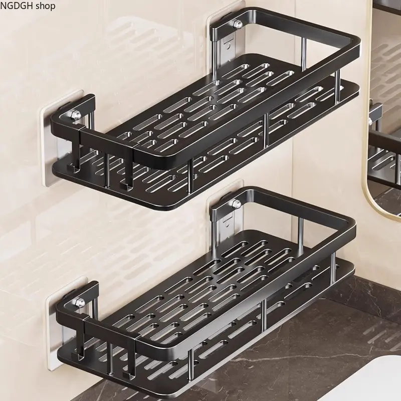 Bathroom Caddy Organizer, 2-Pack Black No-Drill Wall-Mount Adhesive Shower Shelves, Rust-Resistant Sleek Design for Bathroom Use