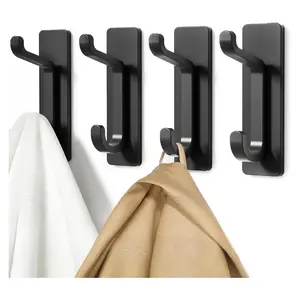 Wall Hooks for Coats and Towels Strong 13LB Adhesive Stick-On Door Hangers Black 4 Pack Ideal for Home Organization