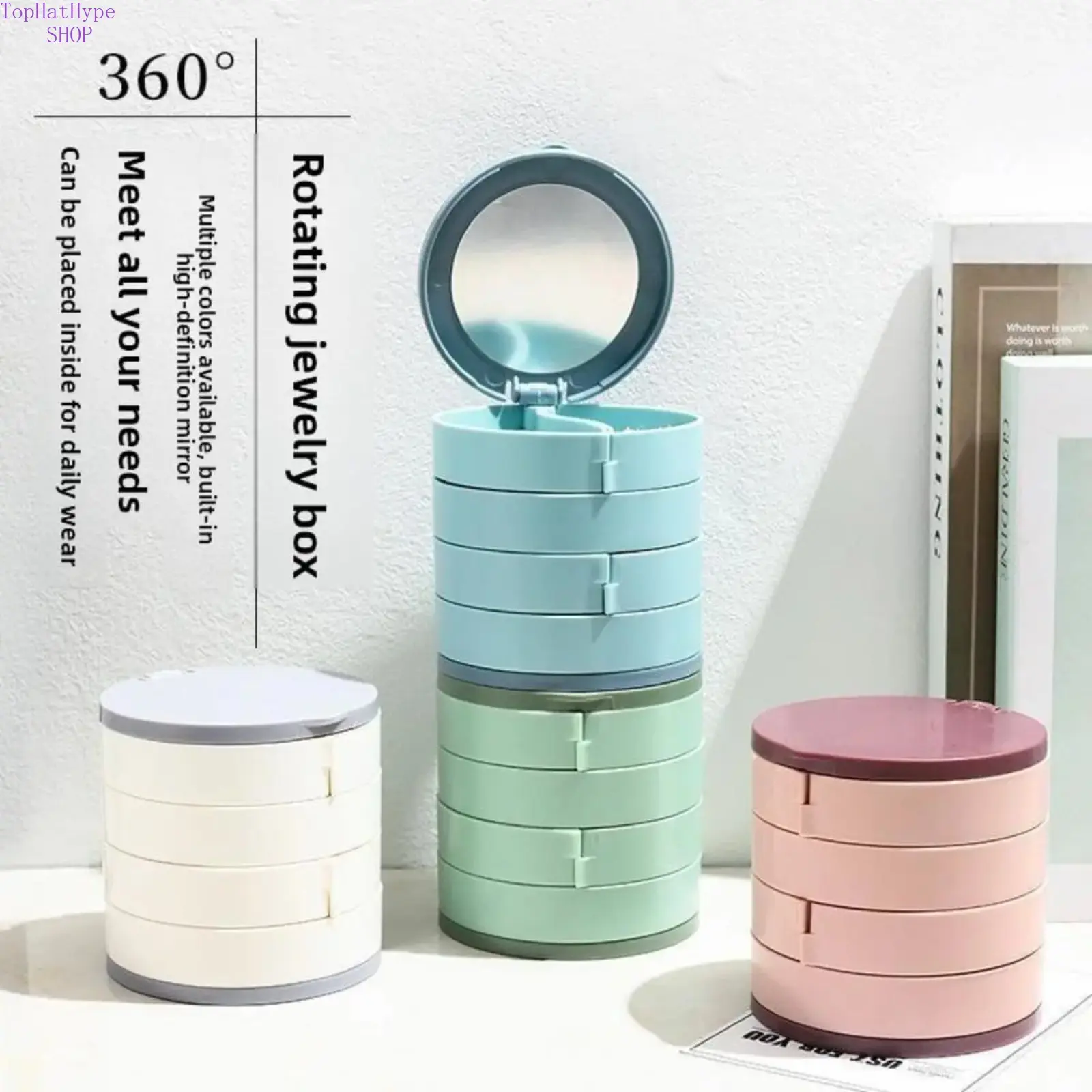 Pink Rotating Jewelry Organizer, Vertical Multi-Layer Tower with Compartments, Dustproof Storage Case for Earrings & Studs, Compartmentalized Organizers, Nightstand