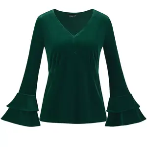 INSPIRE CHIC Women's Regular Fit V Neck Velvet Flare Long Sleeve Peplum Blouse Dark Green X-Large