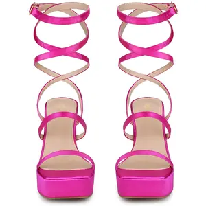 BLISSFUL STEP Women's Platform Heels Lace Up Chunky Heel Square Toe Sandals