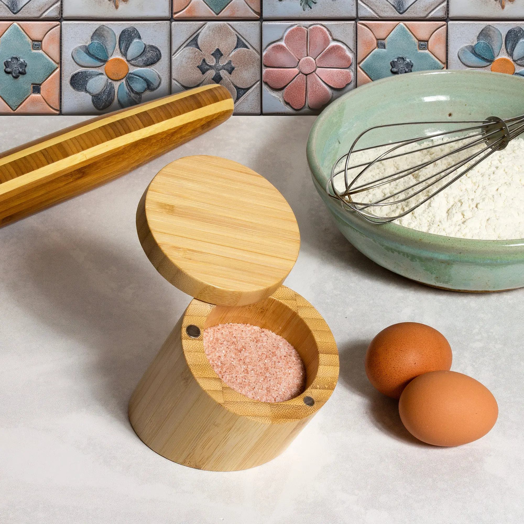 Totally Bamboo Angled Salt Cellar, Modern Kitchen Utensil with Magnetic Lock & Swiveling Lid for Seasonings and More