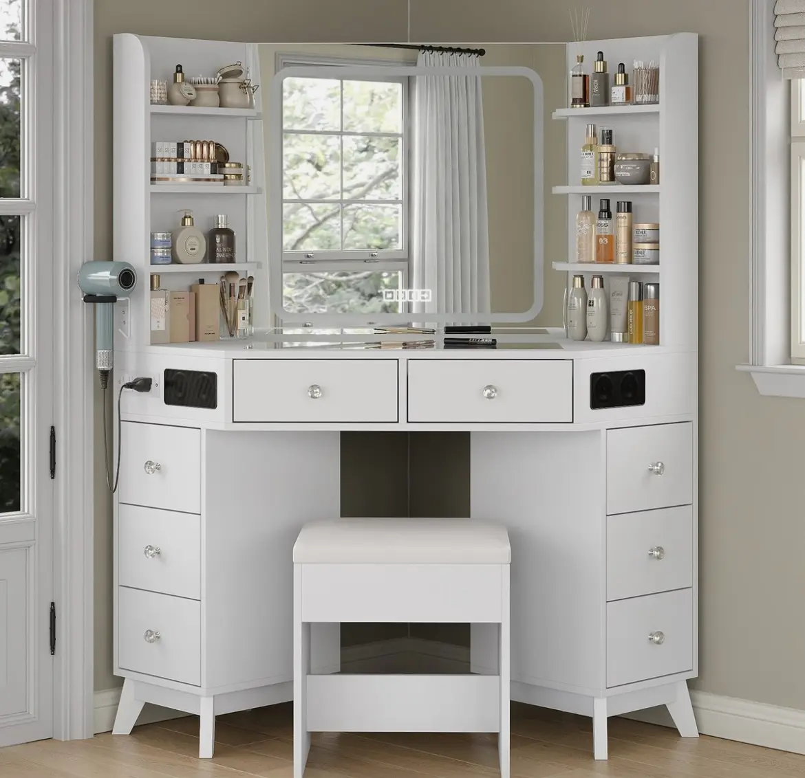 Corner Vanity Desk with Bluetooth Speaker, Makeup Vanity, Dressing Table