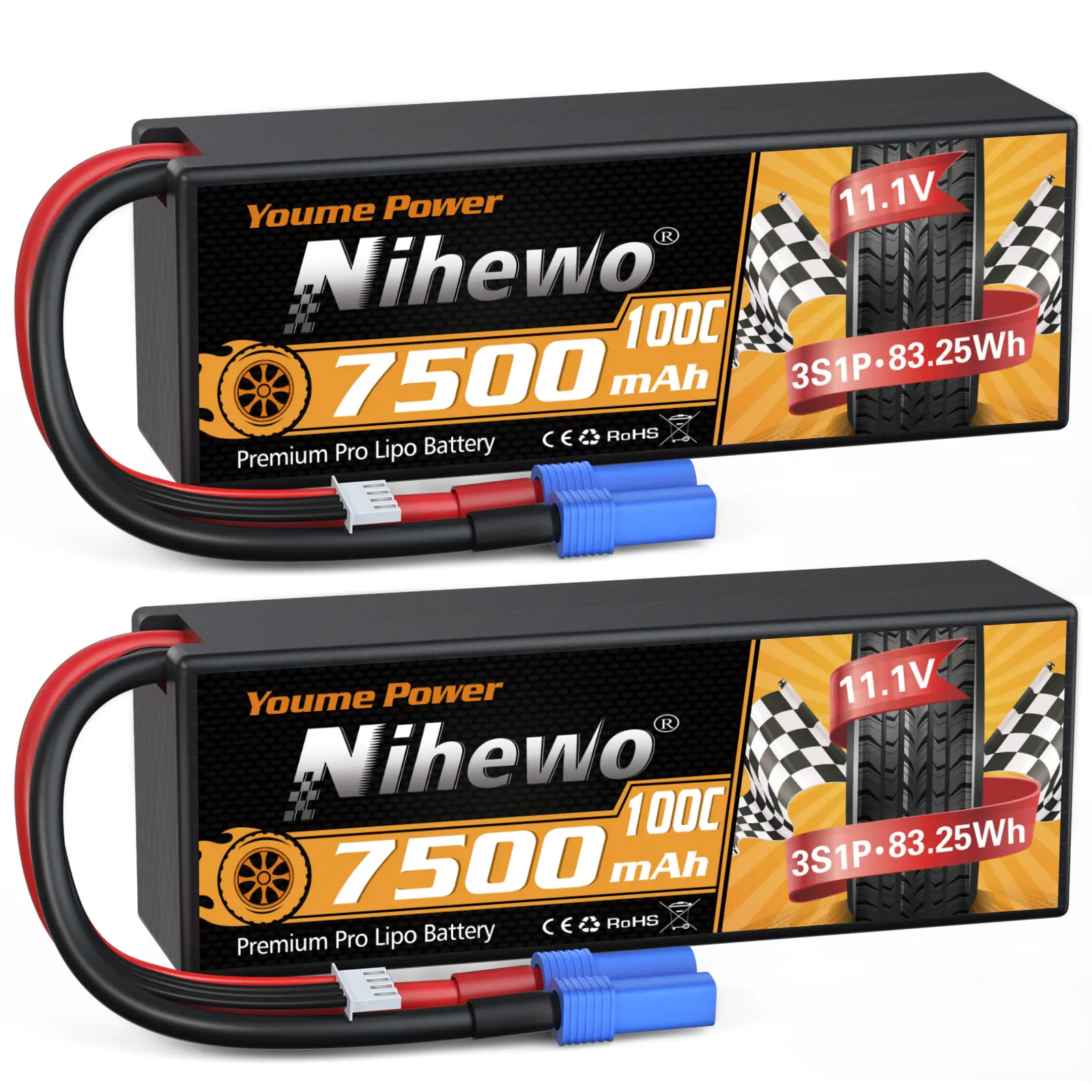 Nihewo 2-Pack 3S Lipo Lithium Batteries, 11.1V 7500mAh 100C Hard Case EC5 Connector, Rechargeable Replacement Battery Accessories for 1/8 1/10 RC Cars, Trucks, Tanks, Lithium Battery, Lipo Batteries