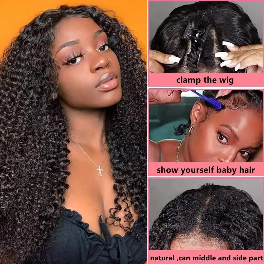 Bling Hair V Part Wigs Deep Wave With Invisible Strap Drawstring 100% Human Hair Glueless Wig Deep Wave Natural Hairline Beginner Friendly 180% Density Curly Wigs For Women Natural Black
