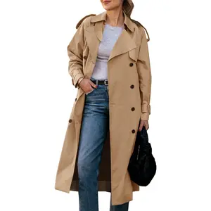 FMEYOA Womens Long Trench Coat Double Breasted Classic Lapel Fall Overcoat with Belt J7K066