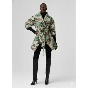 Camouflage Belted Puffer Wrap Coat