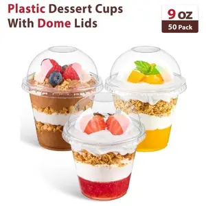 50 Pack 9 oz Crystal Plastic Dessert Cups with Lids – Clear Mini Parfait Cups with Dome Lids (No Hole) for Ice Cream, Cake, Fruit, Pudding & Party Serving