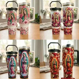 Virgin Mary Our Lady of Guadalupe Tumbler 40oz 30oz with Handle, Catholic Floral Stainless Steel Cup, Religious Gift, Insulated Hot Cold Drink Mug