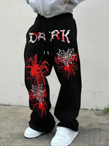 Dark Street Style Spider Web Print Wide Leg Sweatpants, Gothic Dark Font Design, Loose Fit, Trendy Streetwear for Daily
