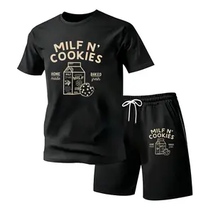ChicCotton Men's 2-Piece Short-Sleeve Comfort Set - Smooth Seamless Soft Cotton, Graphic "Milf N' Cookies" Stay-at-Home Tee & Shorts