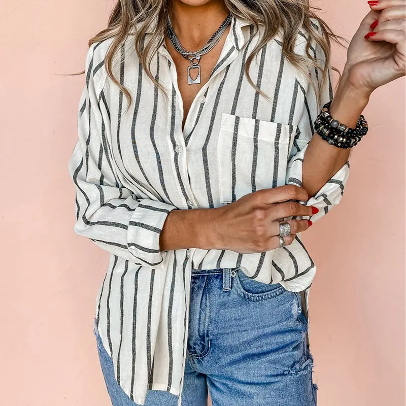 Womens Black Stripe Chest Pocket Buttoned Oversized Shirt Office Casual Outfit