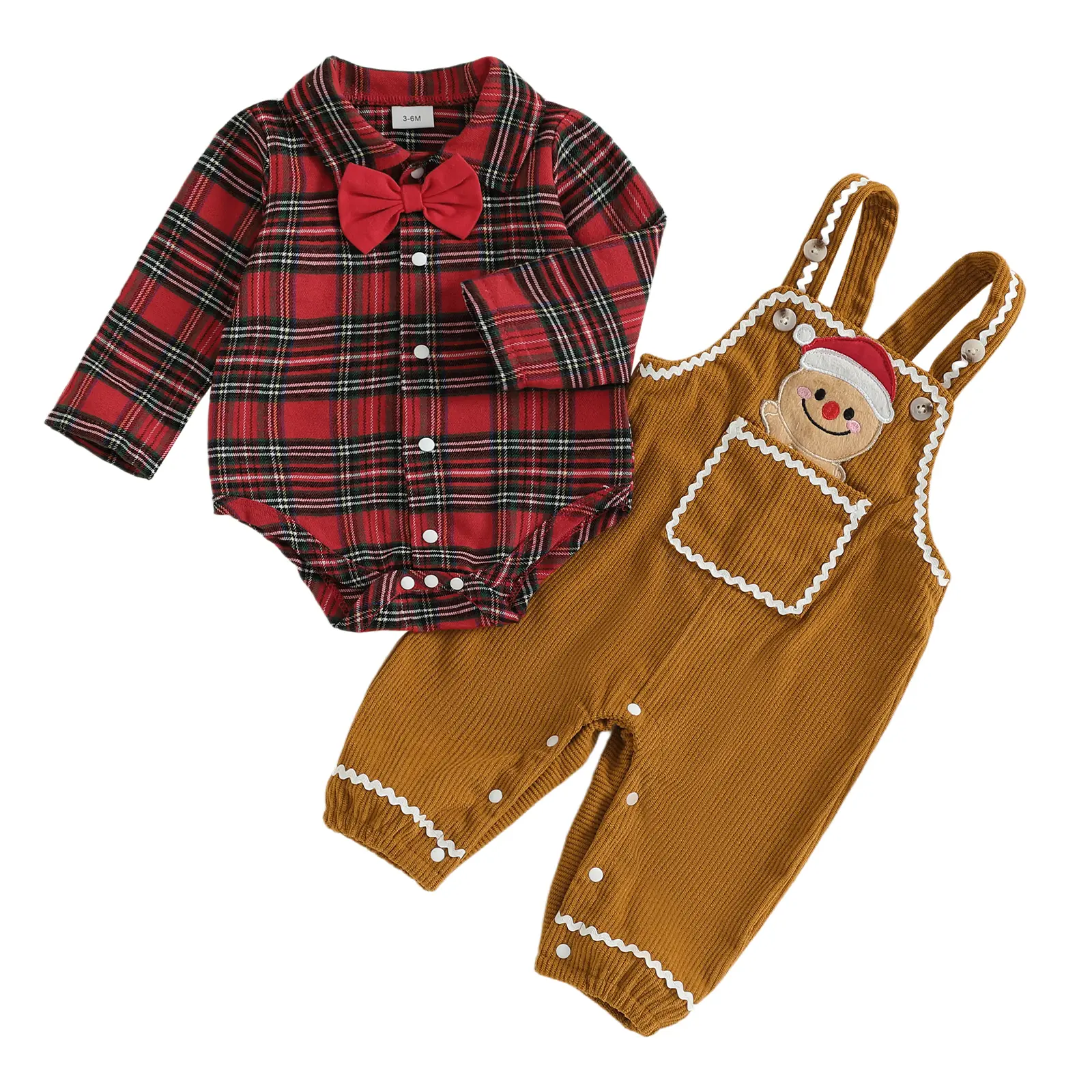 [Lullaby] Baby Boy Christmas Clothes Plaid Print Long Sleeve Lapel Romper Gingerbread Man Embroidery Overall Pants 2Pcs Outfit, Elastane, 12-18M, 3-6M