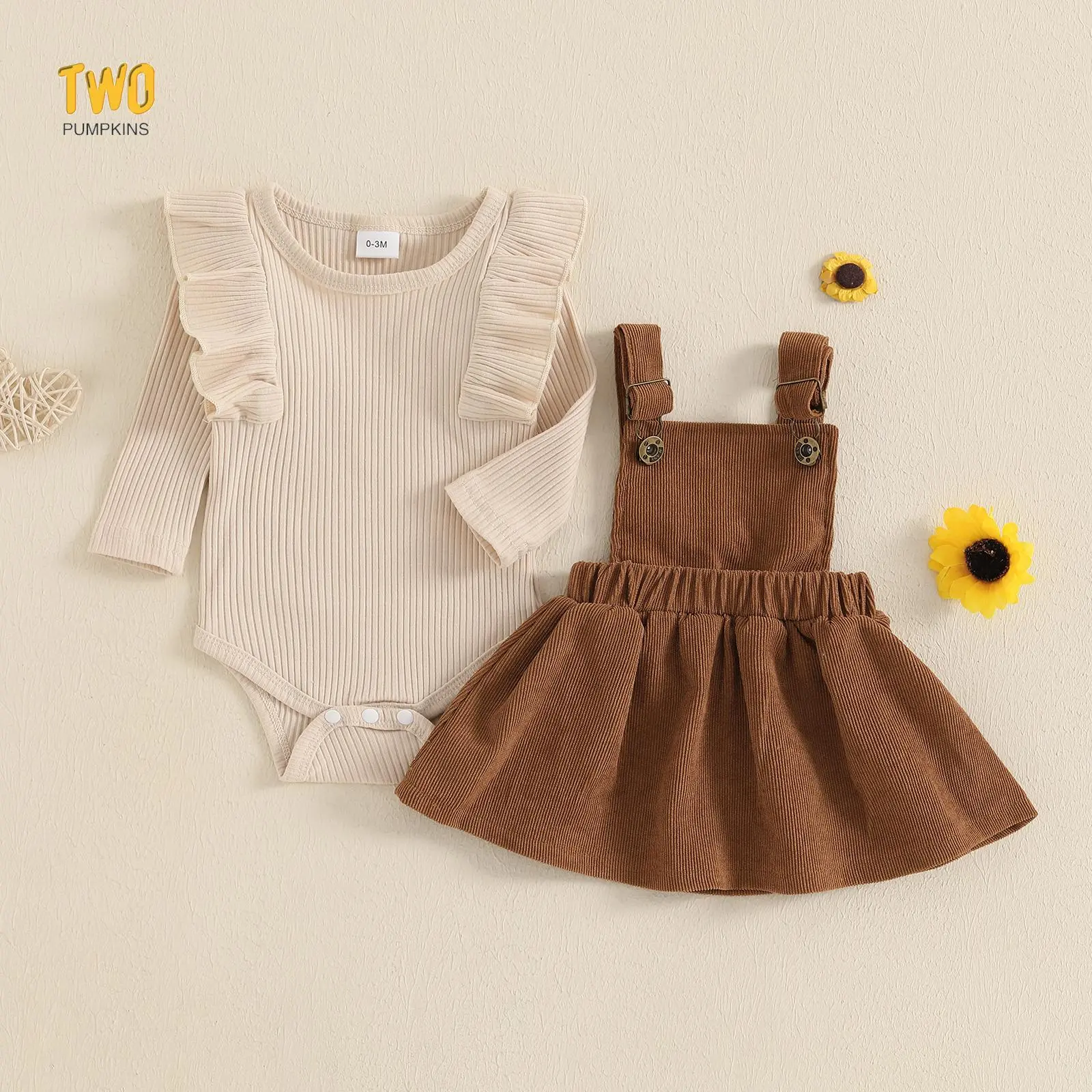 Baby Girl Outfits Ruffle Long Sleeve Ribbed Romper Corduroy Suspender Skirt Overall Dress Fall Clothes
