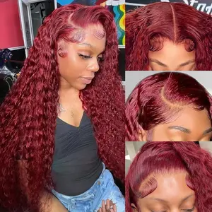 Mamushow 200% Density 99J Burgundy Deep Wave 13x6 HD Lace Frontal Wigs Human Hair Red Hair
