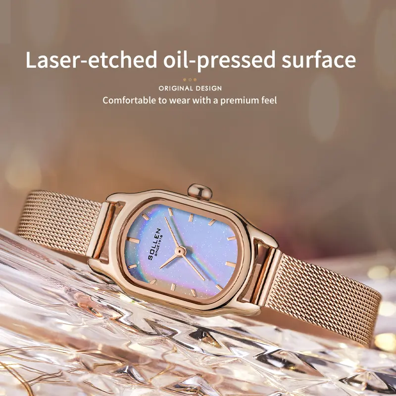 SOLLEN Women's Watch 425 - Square Tonneau Laser-etched Oil-pressed Surface, Rainbow Quartz, Stylish & Unique Design for Birthdays, Valentine's Day, Mother's Day, Wedding Anniversaries