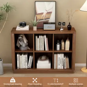 OPUL 6 Cube Storage Bookcase, Open Cubby Shelving Unit, 40" Wide Low Horizontal Book Shelf with Curved Edge, Wood Floor Standing 2-Tier Bookshelf with Base, Farmhouse Short Book Case for Bedroom, Living Room, Office, Walnut