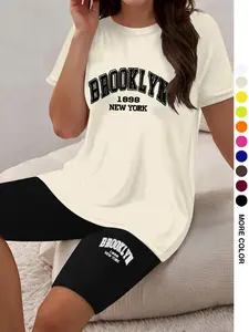2026 New Women's Casual Short Sleeve Two-Piece Set, , Brooklyn Letter Print, Round Neck T-Shirt, Tight Fit Shorts, Perfect for Spring Summer
