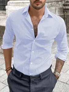 Men's Classic Striped Dress Shirt, Light Blue & Pinstripe, Long Sleeve, Button-Down Collar, Slim Fit, Fitted, Formal/casual Wear, Soft & Breathable Fabric