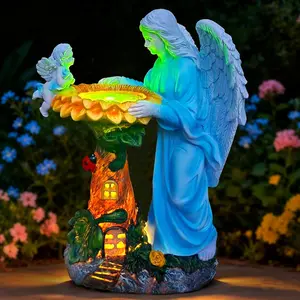 Solar Garden Statue, Angel Outdoor Decor with Color Changing Light Garden Figurine Sunflower Outdoor Statue  Sculpture Lawn Ornament for Patio Backyard Christmas Birthday Present