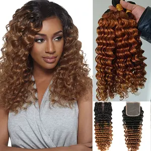 12A Ombre Brazilian Virgin Curly Hair 3 Bundles With Closure Ombre Deep Wave 3 Bundles With Closure 100% Human Hair With Closure