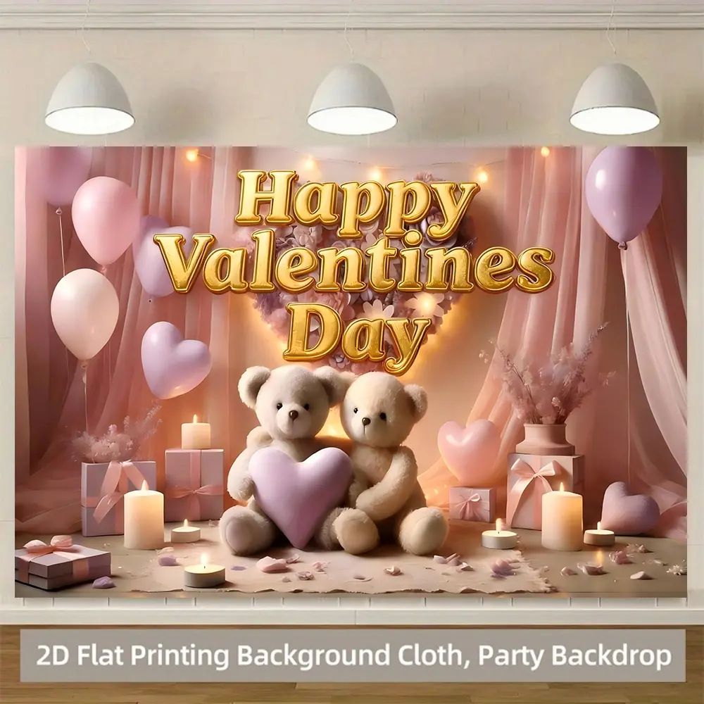 Romantic Teddy Bear Valentine's Day Banner Decoration, Heart-Shaped Flower Wall Photography Background, Soft Studio Shooting Backdrop