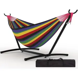 Double Hammock with Space-Saving Steel Stand - 2 Person Portable Heavy Duty Hammock with Carrying Bag for Outdoors & Indoors, Easy Assembly, 350 lbs Capacity, Black Rainbow Stripes