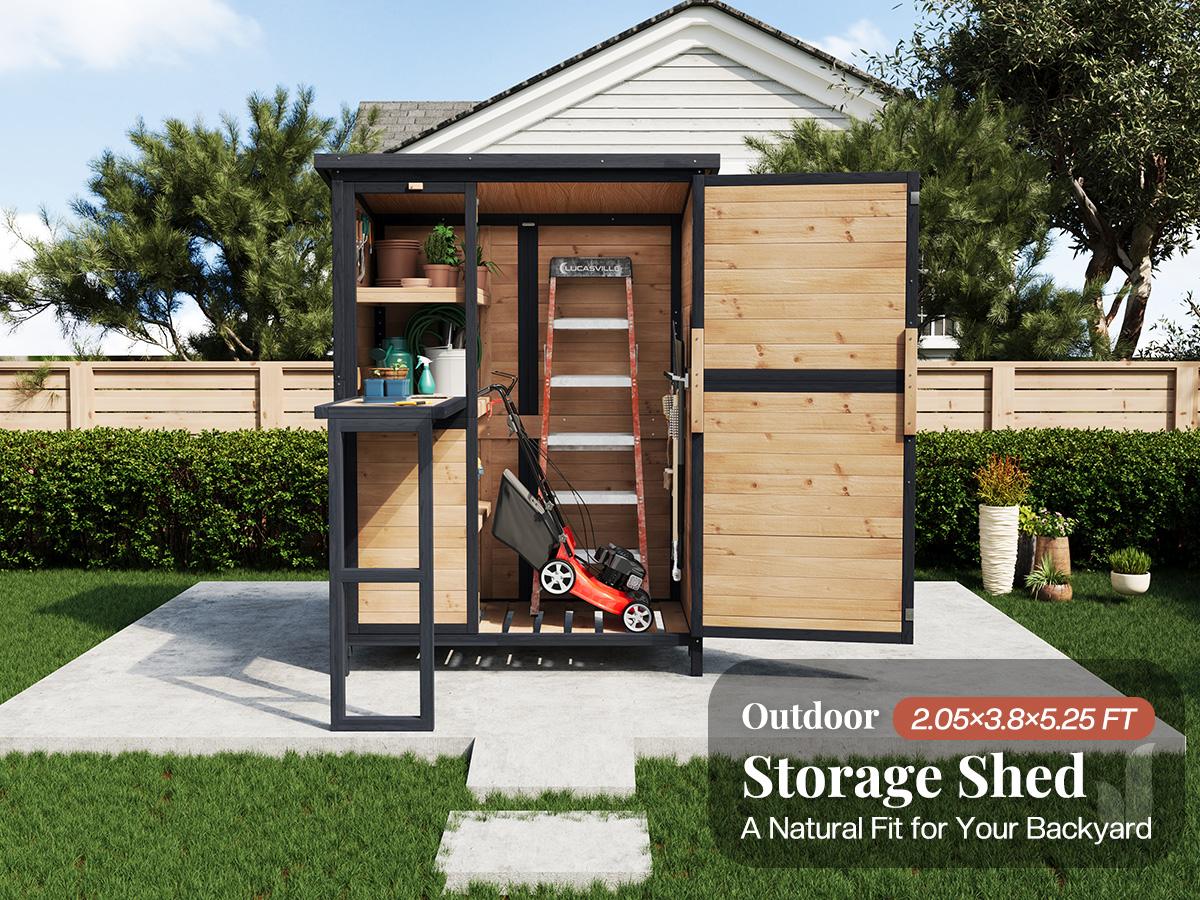 AMERLIFE Solid Fir Wood Outdoor Storage Shed, Garden Tool Shed with Foldable Workbench, Adjustable Shelves, Sloping Roof, Weatherproof Utility Cabinet for Backyard, Patio, Lawn, Poolside