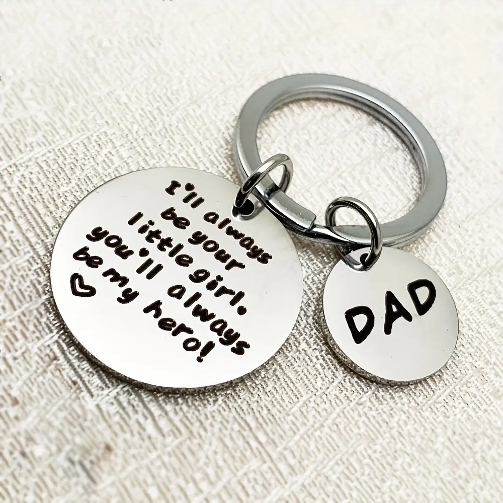 Engraved Metal Keychain Set for Dad, 2-Piece Round Key Tags with "My Hero" Quote, Meaningful Father's Day Gift from Daughter, Keychain Accessory, Metal Keychains