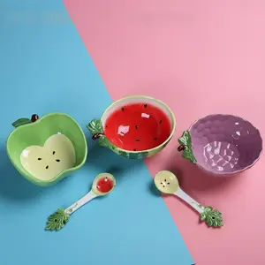 Cute Ceramic Salad Bowl Spoon Set, Fruit Shape Design, Underglaze Color, High Aesthetic Home Use, Suitable for Dorm Students, Dinnerware Set
